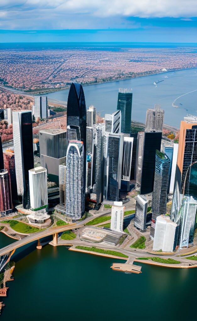 Cidade moderna com integração perfeita entre planejamento urbano e design arquitetônico